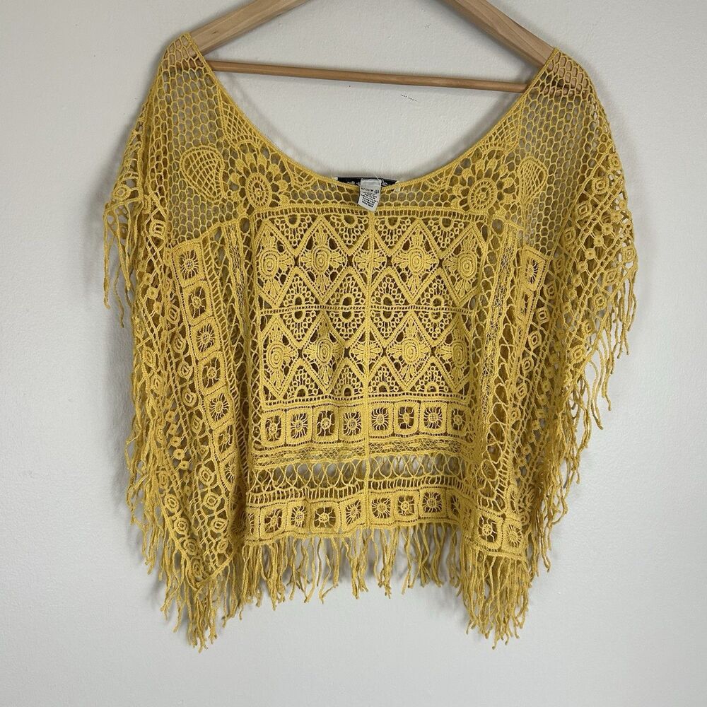Crochet Yellow S/M Fringe Top Lace Sheer Open Knit Festival Boho Romantic